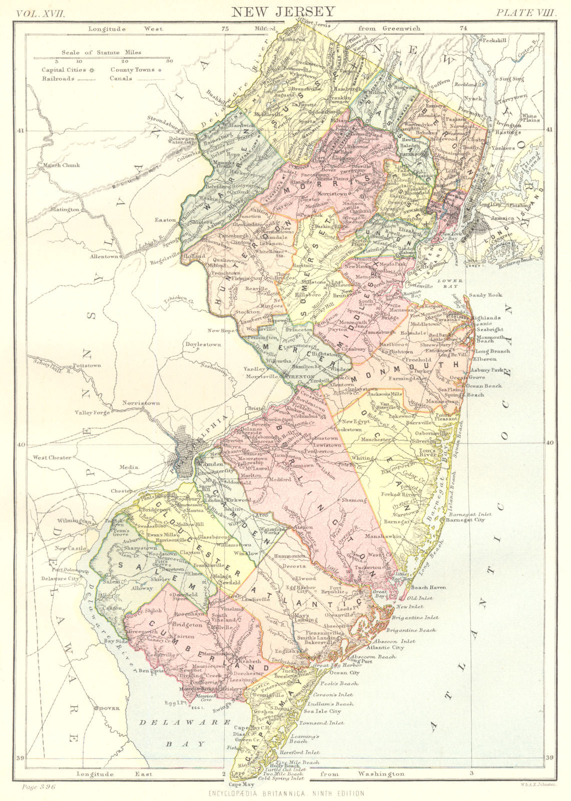 NEW JERSEY. State map showing counties. Britannica 9th edition 1898 old
